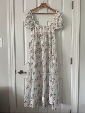 For Love & Lemons White Maxi Dress with Pink Floral and Green Leaf Pattern